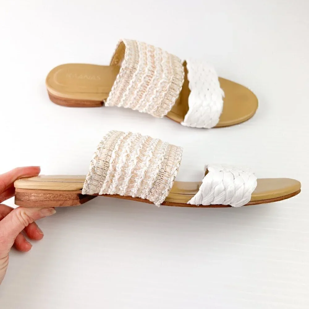 Kaanas Tahiti Slide Sandals Size 8 White Multi Handwoven Double Straps